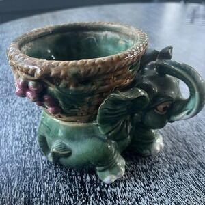 Vintage Majolica Style‎ Ceramic Elephant Lucky Green Trunk Up